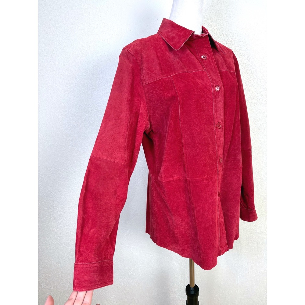 Y2K Vintage Red Star Suede Leather Button Up Coat Jacket Size 12 Chic Statement